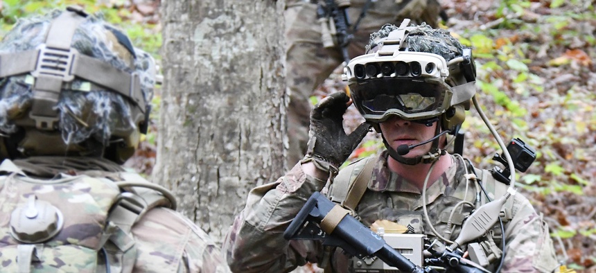 Soldiers from the 82nd Airborne Division use the latest prototype of the Integrated Visual Augmentation System during a trench clearing exercise in October at Fort Pickett, Va.