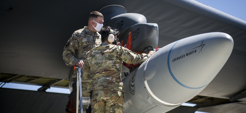 An AGM-183A Air-launched Rapid Response Weapon prototype is loaded under the wing of a B-52H Stratofortress at Edwards Air Force Base, California, Aug. 6. 2020.