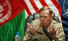 In 2011, Gen. David Petraeus spoke with media traveling with U.S. Defense Secretary Leon Panetta at Camp Eggers in Kabul, Afghanistan.