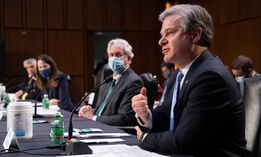  APRIL 14: FBI Director Christopher Wray testifies at a Senate Select Committee on Intelligence hearing on Capitol Hill on April 14, 2021 in Washington, DC.